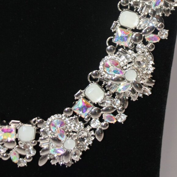 Iridescent and Classic White Silver Tone Statement Necklace - Picture 4 of 16